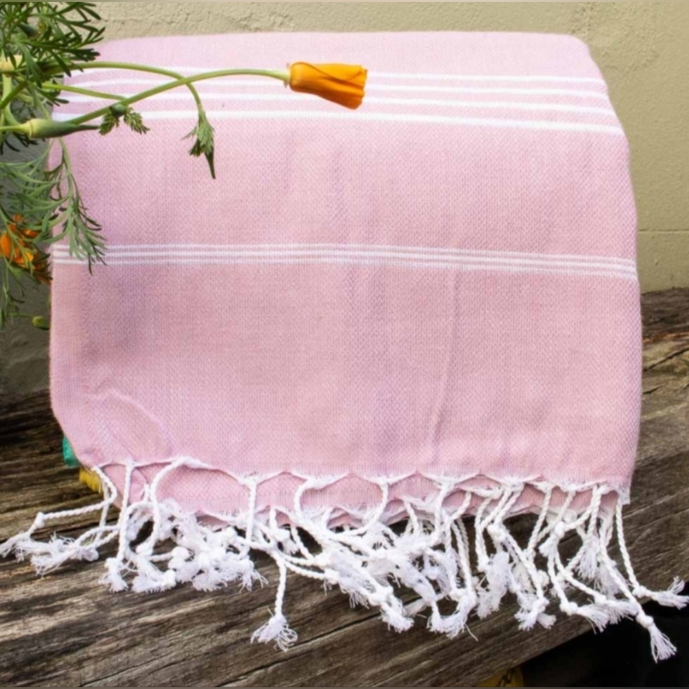 Bay Laurel Turkish 100% Cotton Beach Yoga Towel Travel Bag Powder Pink Stripe